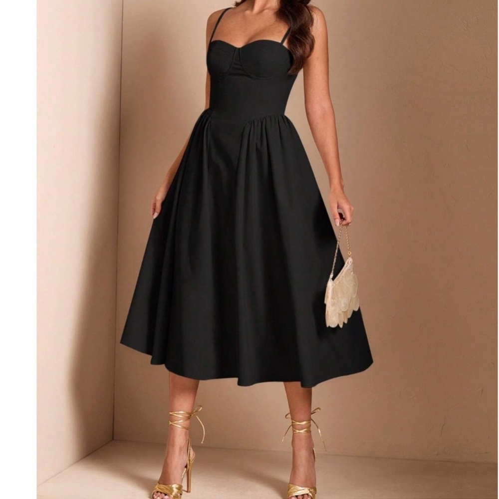 Classic Solid High Waist Flared Cami Party Evening Dress XS S M L XL